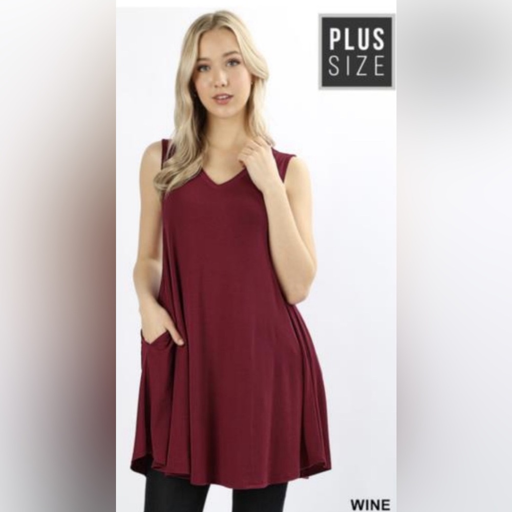 Wine V-neck Sleevelesss Tunic with Pockets